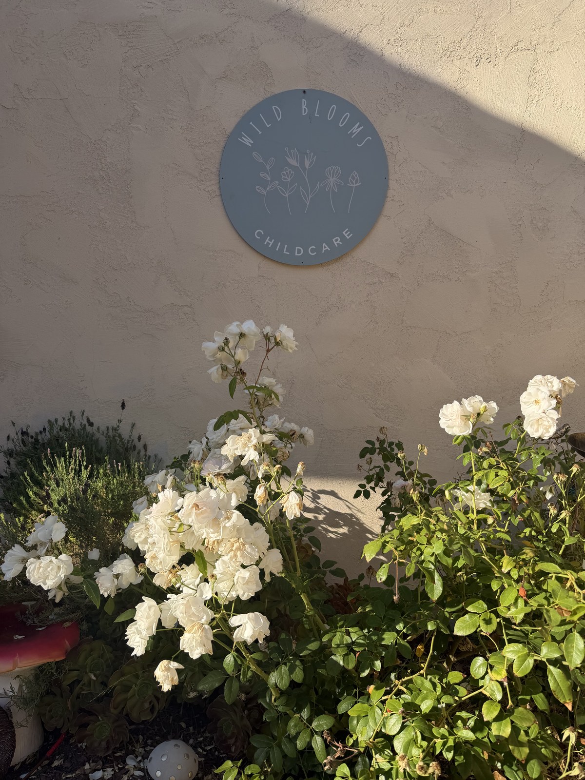 Wild Blooms Childcare sign with white roses